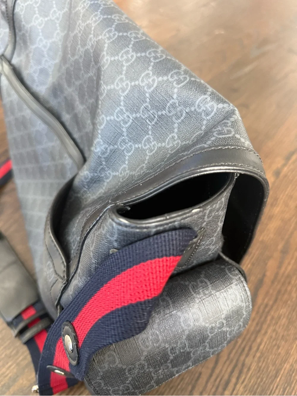 Gucci Black Monogram Diaper Bag with Red and Blue Web Strap